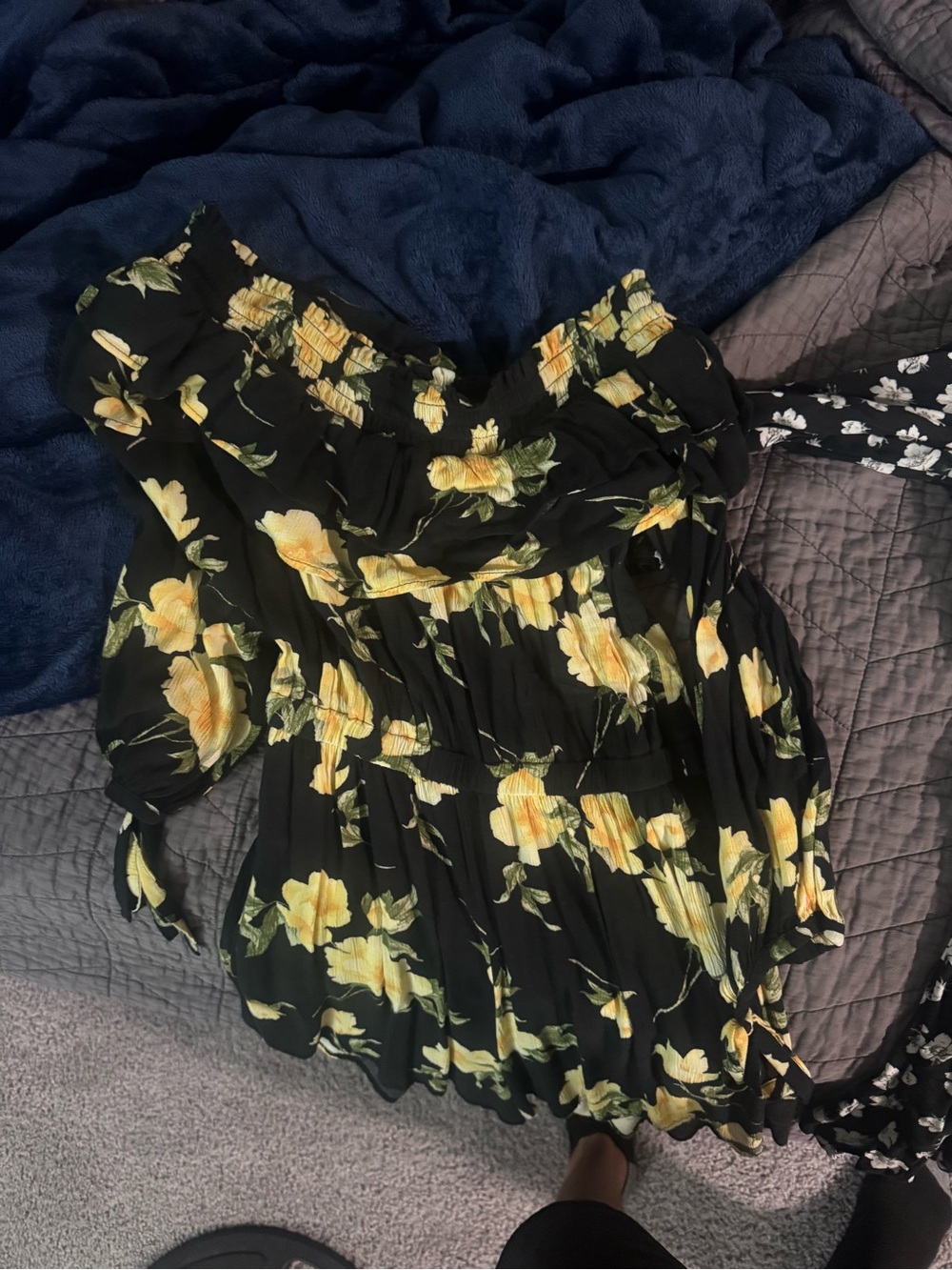 American Eagle Outfitters Black Floral Off-Shoulder Romper with Yellow Flowers